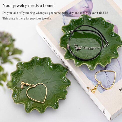 Ceramic Jewelry Tray, Decorative Trinket Dish for Rings Earrings Necklaces Bracelet Watch Keys, Birthday Mother's Day Christmas Thanksgiving Gift for Women, 4.7", Green Lotus Leaves in Saudi Arabia
