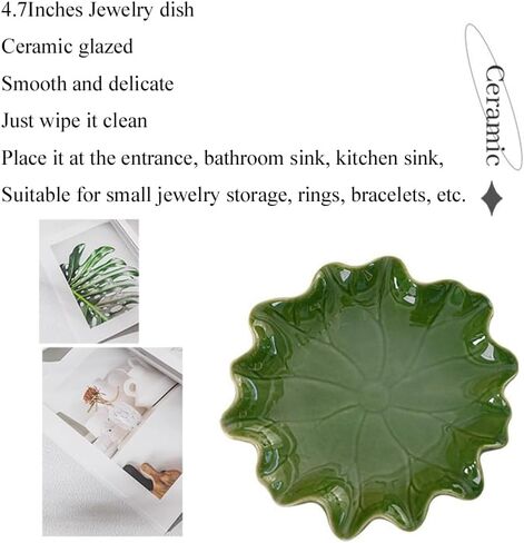 Ceramic Jewelry Tray, Decorative Trinket Dish for Rings Earrings Necklaces Bracelet Watch Keys, Birthday Mother's Day Christmas Thanksgiving Gift for Women, 4.7", Green Lotus Leaves in Saudi Arabia