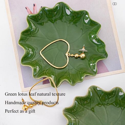 Ceramic Jewelry Tray, Decorative Trinket Dish for Rings Earrings Necklaces Bracelet Watch Keys, Birthday Mother's Day Christmas Thanksgiving Gift for Women, 4.7", Green Lotus Leaves in Saudi Arabia