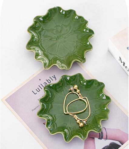 Ceramic Jewelry Tray, Decorative Trinket Dish for Rings Earrings Necklaces Bracelet Watch Keys, Birthday Mother's Day Christmas Thanksgiving Gift for Women, 4.7", Green Lotus Leaves in Saudi Arabia