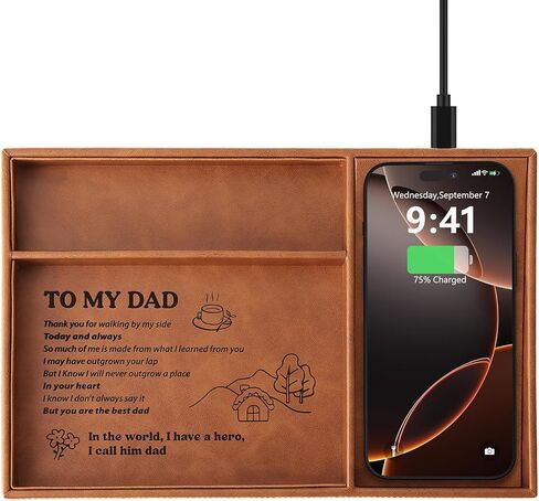 TopMade Wireless Charger Valet Tray, Father's Day Birthday Gifts for Dad, PU Leather Mens Jewelry Box for Iphone Charger, Desk Nightstand Organizer Charging Station Drawer Dresser Organizer(Brown) in Kuwait