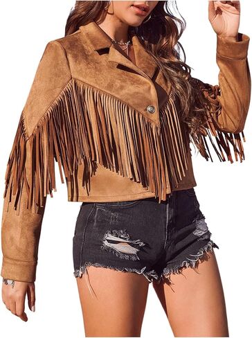 WDIRARA Women's Fringe Faux Suede Open Front Jacket Western Concert Long Sleeve Outerwear in Saudi Arabia