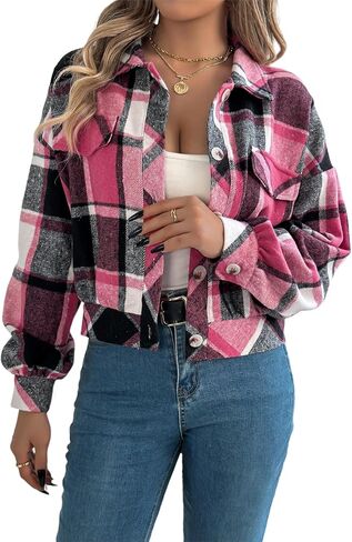 Womens Flannels Fall Cropped Shacket Jacket Fashion Plaid Button Down Shirt Winter Coat Tops in Saudi Arabia