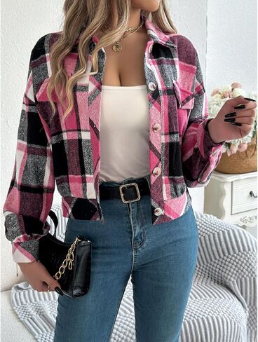 Womens Flannels Fall Cropped Shacket Jacket Fashion Plaid Button Down Shirt Winter Coat Tops in Saudi Arabia