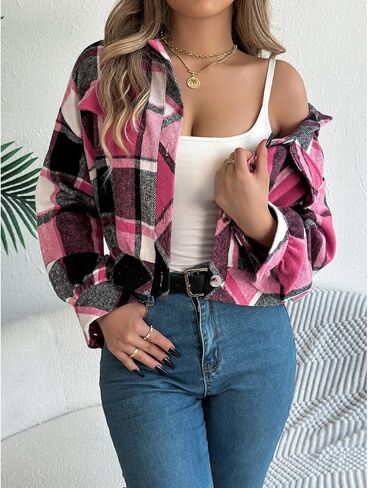 Womens Flannels Fall Cropped Shacket Jacket Fashion Plaid Button Down Shirt Winter Coat Tops in Saudi Arabia