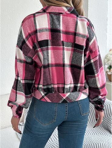 Womens Flannels Fall Cropped Shacket Jacket Fashion Plaid Button Down Shirt Winter Coat Tops in Saudi Arabia