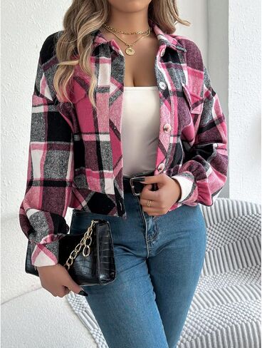 Womens Flannels Fall Cropped Shacket Jacket Fashion Plaid Button Down Shirt Winter Coat Tops in Saudi Arabia