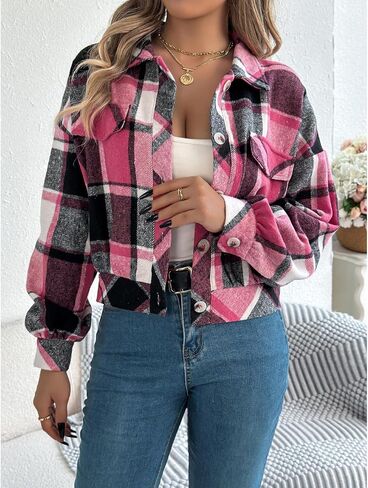 Womens Flannels Fall Cropped Shacket Jacket Fashion Plaid Button Down Shirt Winter Coat Tops in Saudi Arabia