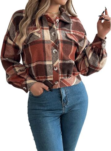 Womens Flannels Fall Cropped Shacket Jacket Fashion Plaid Button Down Shirt Winter Coat Tops in Saudi Arabia