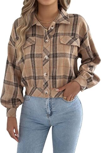 Womens Flannels Fall Cropped Shacket Jacket Fashion Plaid Button Down Shirt Winter Coat Tops in Saudi Arabia