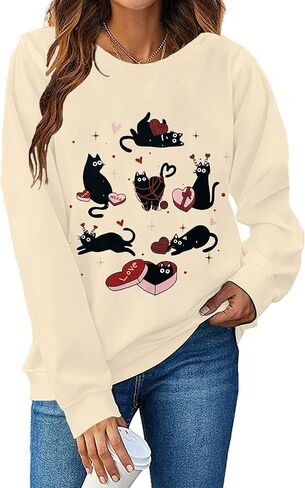 Meowy Valentine's Day Sweatshirt for Women Cute Black Cat Love Long Sleeve Shirt Love Heart Pullover Tops in Kuwait