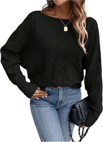 Verdusa Women's Dolman Sleeve Argyle Sweater Boat Neck Pullover Knit Tops in Saudi Arabia