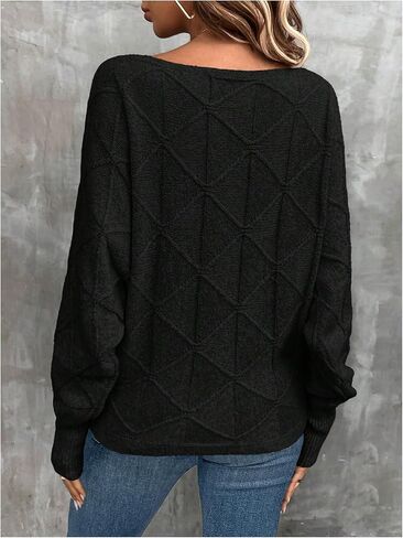 Verdusa Women's Dolman Sleeve Argyle Sweater Boat Neck Pullover Knit Tops in Saudi Arabia