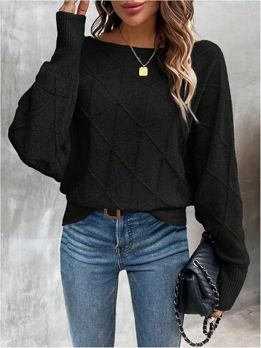 Verdusa Women's Dolman Sleeve Argyle Sweater Boat Neck Pullover Knit Tops in Saudi Arabia