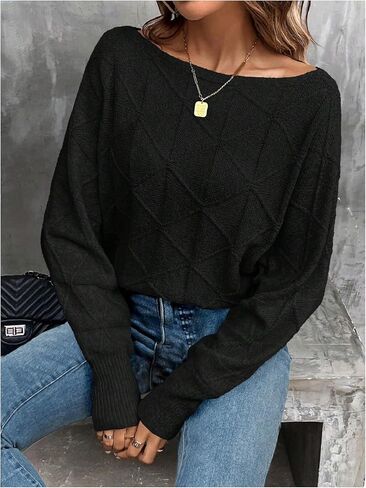 Verdusa Women's Dolman Sleeve Argyle Sweater Boat Neck Pullover Knit Tops in Saudi Arabia