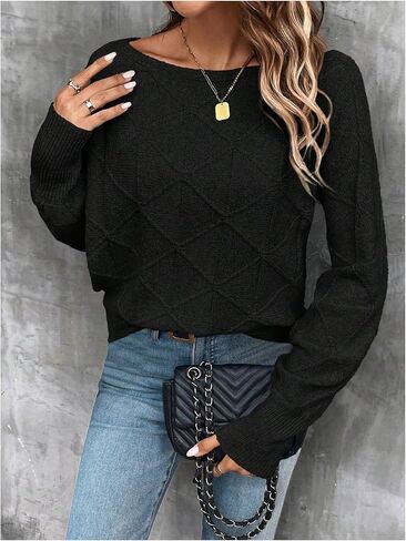 Verdusa Women's Dolman Sleeve Argyle Sweater Boat Neck Pullover Knit Tops in Saudi Arabia