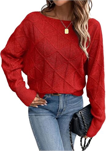 Verdusa Women's Dolman Sleeve Argyle Sweater Boat Neck Pullover Knit Tops in Saudi Arabia