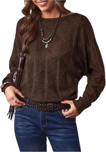 Verdusa Women's Dolman Sleeve Argyle Sweater Boat Neck Pullover Knit Tops in Saudi Arabia