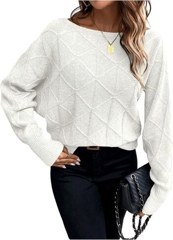 Verdusa Women's Dolman Sleeve Argyle Sweater Boat Neck Pullover Knit Tops in Saudi Arabia