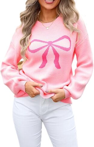 Sumleno Womens Fall Winter Casual Sweater Cute Bow Crewneck Long Sleeve Baggy Knit Sweatshirt Top Trendy Aesthetic Clothes in Saudi Arabia