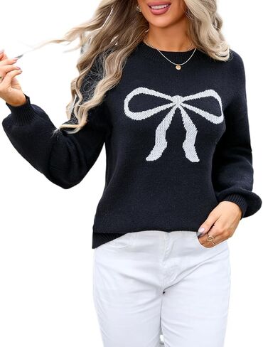 Sumleno Womens Fall Winter Casual Sweater Cute Bow Crewneck Long Sleeve Baggy Knit Sweatshirt Top Trendy Aesthetic Clothes in Saudi Arabia