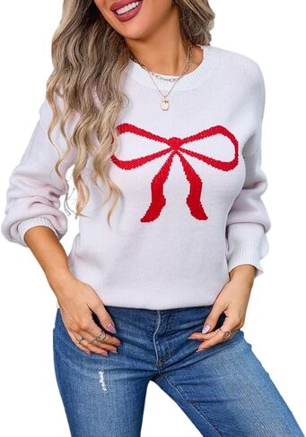 Sumleno Womens Fall Winter Casual Sweater Cute Bow Crewneck Long Sleeve Baggy Knit Sweatshirt Top Trendy Aesthetic Clothes in Saudi Arabia