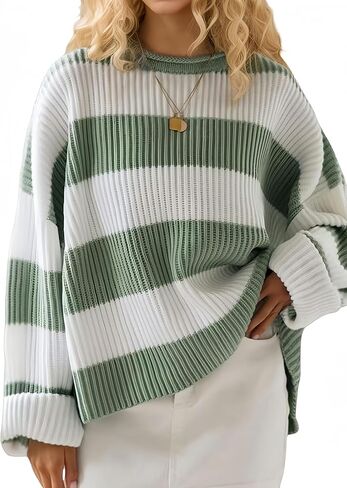 Simier Fariry Women Fall Oversized Pullover Sweater Drop Shoulder Long Sleeve Comfy Knitwear Retro Stripe Casual Outfit 2025 in Kuwait