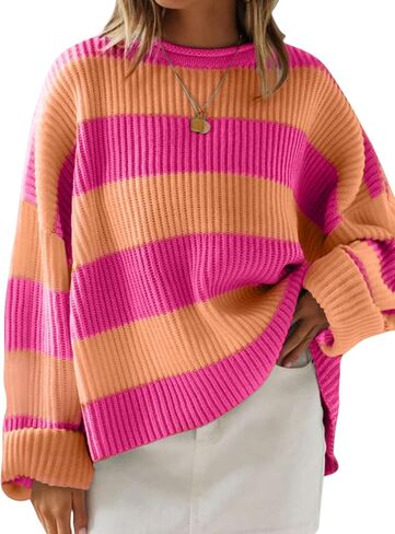 Simier Fariry Women Fall Oversized Pullover Sweater Drop Shoulder Long Sleeve Comfy Knitwear Retro Stripe Casual Outfit 2025 in Kuwait