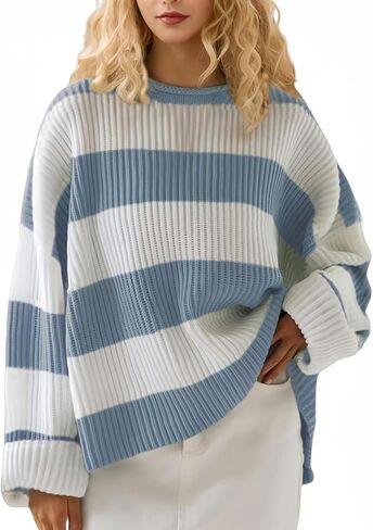 Simier Fariry Women Fall Oversized Pullover Sweater Drop Shoulder Long Sleeve Comfy Knitwear Retro Stripe Casual Outfit 2025 in Saudi Arabia