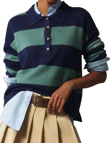 Rugby Polo Sweater for Women Striped Collared Sweaters Shirt Long Sleeve Knit Y2K Casual Pullover Top in Saudi Arabia