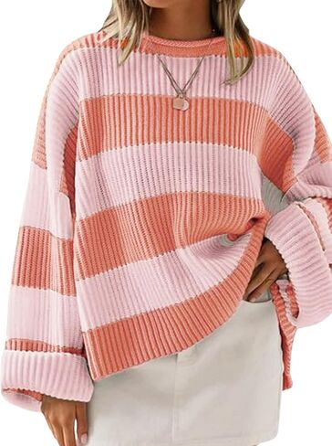 Simier Fariry Women Fall Oversized Pullover Sweater Drop Shoulder Long Sleeve Comfy Knitwear Retro Stripe Casual Outfit 2025 in Kuwait