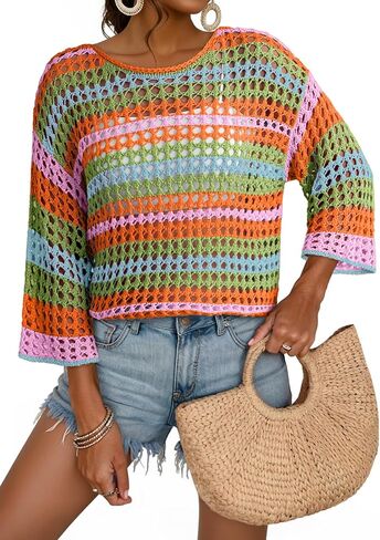 Dokotoo Womens Spring Summer 3/4 Sleeve Crochet Sweater Hollow Out Color Block Striped Tops Casual Beach Vacation Cover Ups in Saudi Arabia
