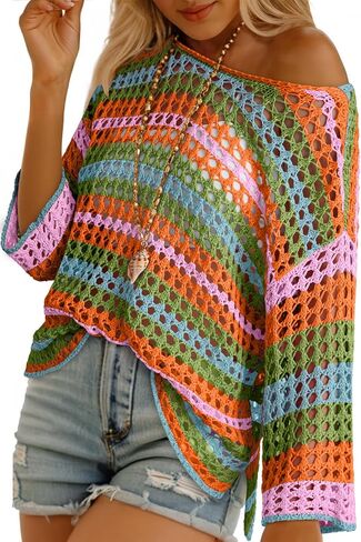 Dokotoo Womens Spring Summer 3/4 Sleeve Crochet Sweater Hollow Out Color Block Striped Tops Casual Beach Vacation Cover Ups in Saudi Arabia