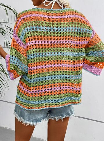 Dokotoo Womens Spring Summer 3/4 Sleeve Crochet Sweater Hollow Out Color Block Striped Tops Casual Beach Vacation Cover Ups in Saudi Arabia
