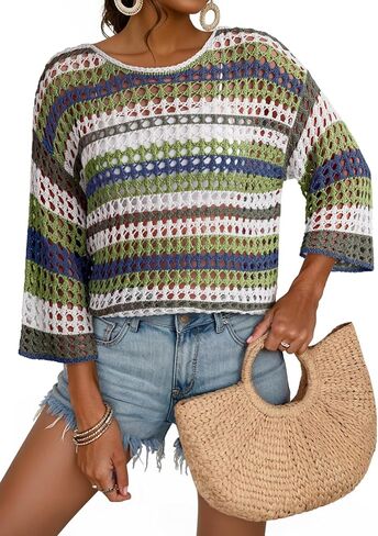 Dokotoo Womens Spring Summer 3/4 Sleeve Crochet Sweater Hollow Out Color Block Striped Tops Casual Beach Vacation Cover Ups in Saudi Arabia