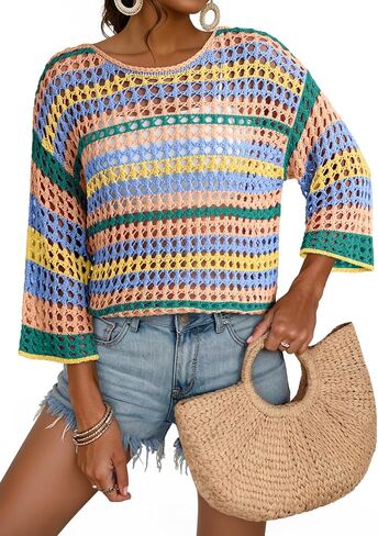 Dokotoo Womens Spring Summer 3/4 Sleeve Crochet Sweater Hollow Out Color Block Striped Tops Casual Beach Vacation Cover Ups in Saudi Arabia