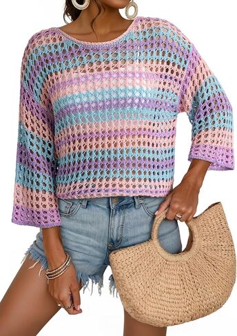 Dokotoo Womens Spring Summer 3/4 Sleeve Crochet Sweater Hollow Out Color Block Striped Tops Casual Beach Vacation Cover Ups in Saudi Arabia
