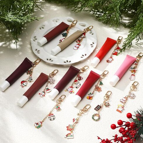 Janinka 12 Pcs Christmas Lip Gloss Keychain Bulk Lip Balm Keychains with Exquisite Xmas Charm Santa Tree Snowman Snowflake and Gingerbread Man Keychain Christmas Charm Gift for Women Key Purse Decor in Saudi Arabia