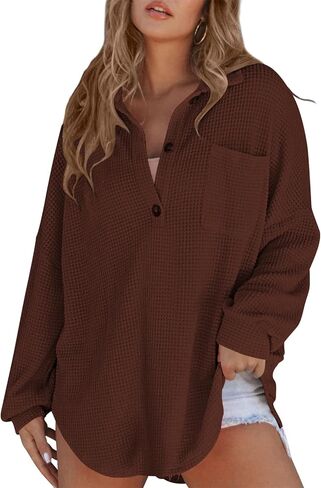 Poetsky Womens Waffle Knit Tops 2026 Oversized Long Sleeve Henley Shirts Fall Casual V Neck Loose Fit Tunic Blouse in Saudi Arabia
