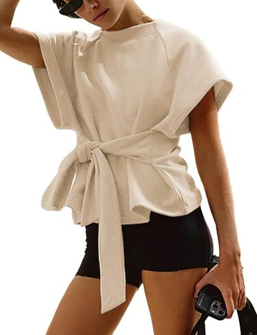 Zhiyouni Women's Summer Short Sleeves Tee T Shirt Crewneck Tie Knot Tops Sweatshirt in Kuwait