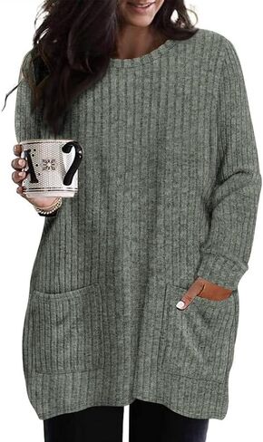 TIYOMI Womens Plus Size Long Sleeve Tops Crewneck Casual Fall Shirts Oversized Long Sweaters Loose Tunic Tops Pockets XL-5XL in Saudi Arabia