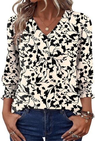 Rapbin 3/4 Length Sleeve Womens Tops Puff-Sleeve V-Neck Blouses Dressy Casual T-Shirt Loose Fit Tunics to Wear with Leggings in Saudi Arabia