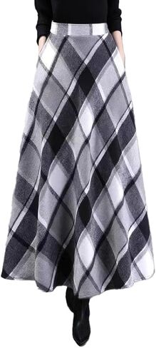 Womens Plaid Skirt Long A-Line High Elastic Waisted Skirt Winter Vintage Tartan Skirts with Pockets in Saudi Arabia