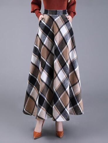 Womens Plaid Skirt Long A-Line High Elastic Waisted Skirt Winter Vintage Tartan Skirts with Pockets in Saudi Arabia