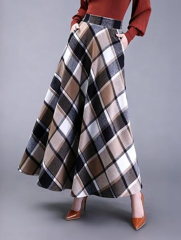 Womens Plaid Skirt Long A-Line High Elastic Waisted Skirt Winter Vintage Tartan Skirts with Pockets in Saudi Arabia