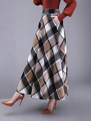 Womens Plaid Skirt Long A-Line High Elastic Waisted Skirt Winter Vintage Tartan Skirts with Pockets in Saudi Arabia