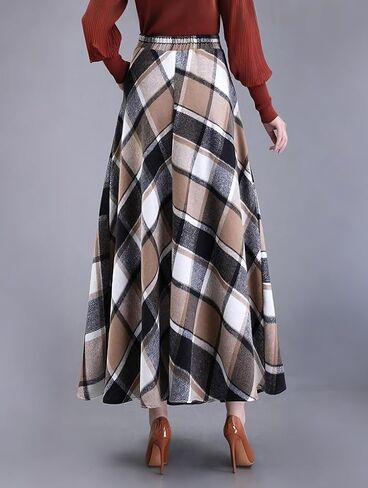 Womens Plaid Skirt Long A-Line High Elastic Waisted Skirt Winter Vintage Tartan Skirts with Pockets in Saudi Arabia