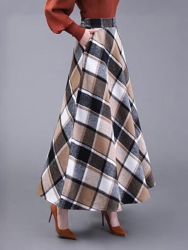 Womens Plaid Skirt Long A-Line High Elastic Waisted Skirt Winter Vintage Tartan Skirts with Pockets in Saudi Arabia