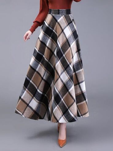 Womens Plaid Skirt Long A-Line High Elastic Waisted Skirt Winter Vintage Tartan Skirts with Pockets in Saudi Arabia