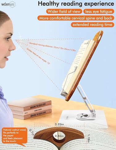 Book Stand for Reading, Adjustable Book Holder with 360° Swivel Base, Foldable Cookbook Stand,Elastic Clips, Sturdy, Large Panel, Solid Oak Wood, for textbooks, Sheet Music, Recipes, Tablets, laptops in Saudi Arabia